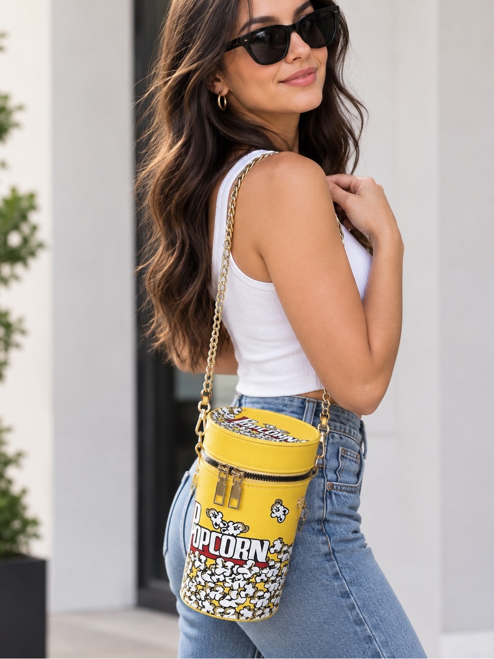 Yellow Popcorn-Print Barrel Crossbody Bag with Chain Strap